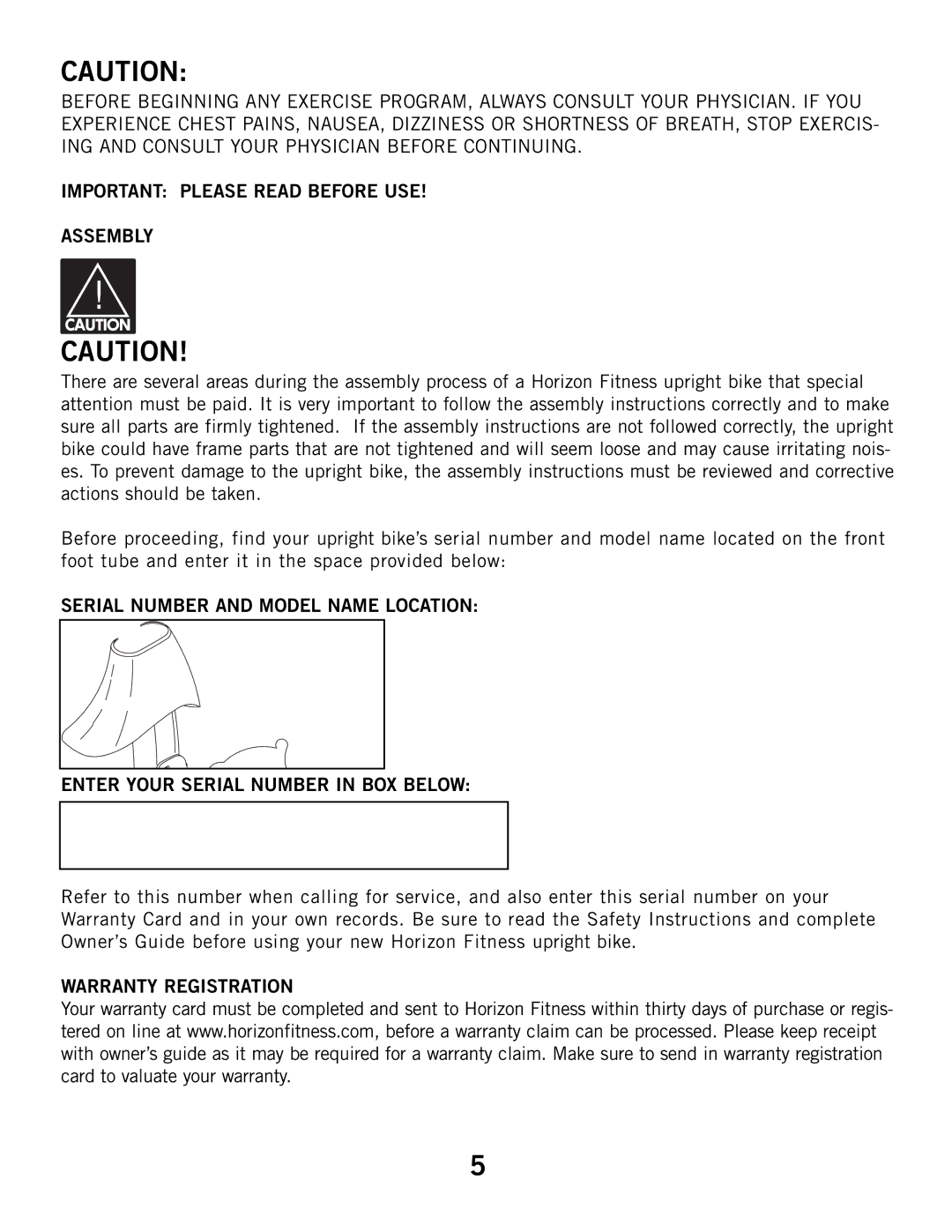 Horizon Fitness B51, B52HR manual Warranty Registration 