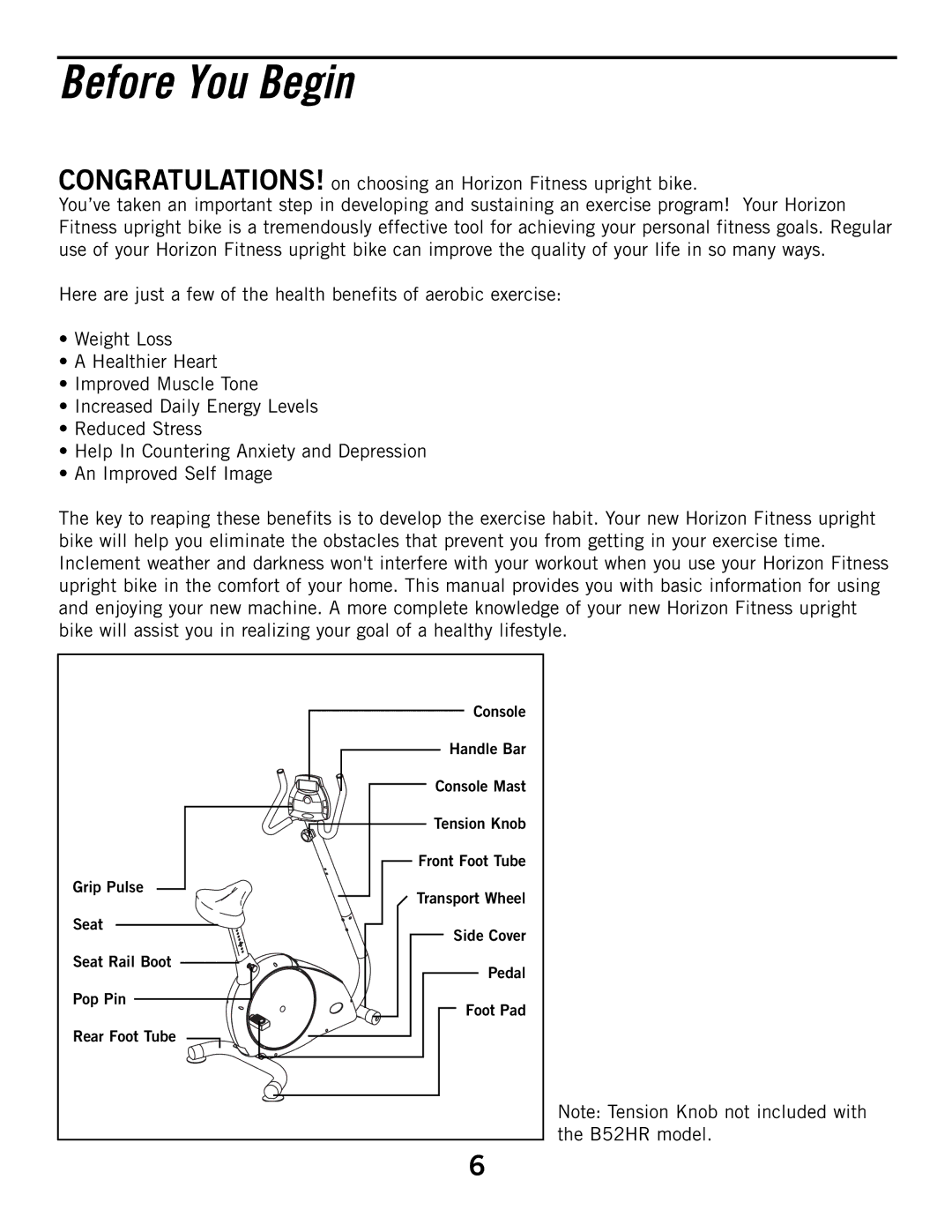 Horizon Fitness B52HR, B51 manual Before You Begin 