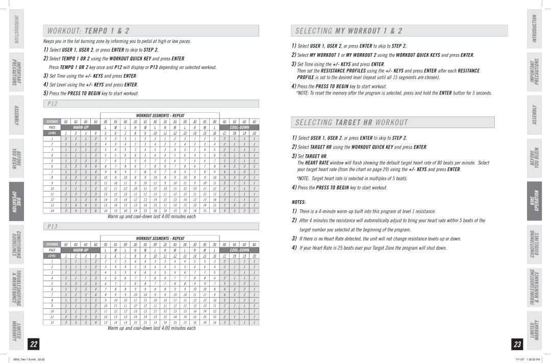 Horizon Fitness B600 manual Workout Tempo 1, Selecting My workout 1 