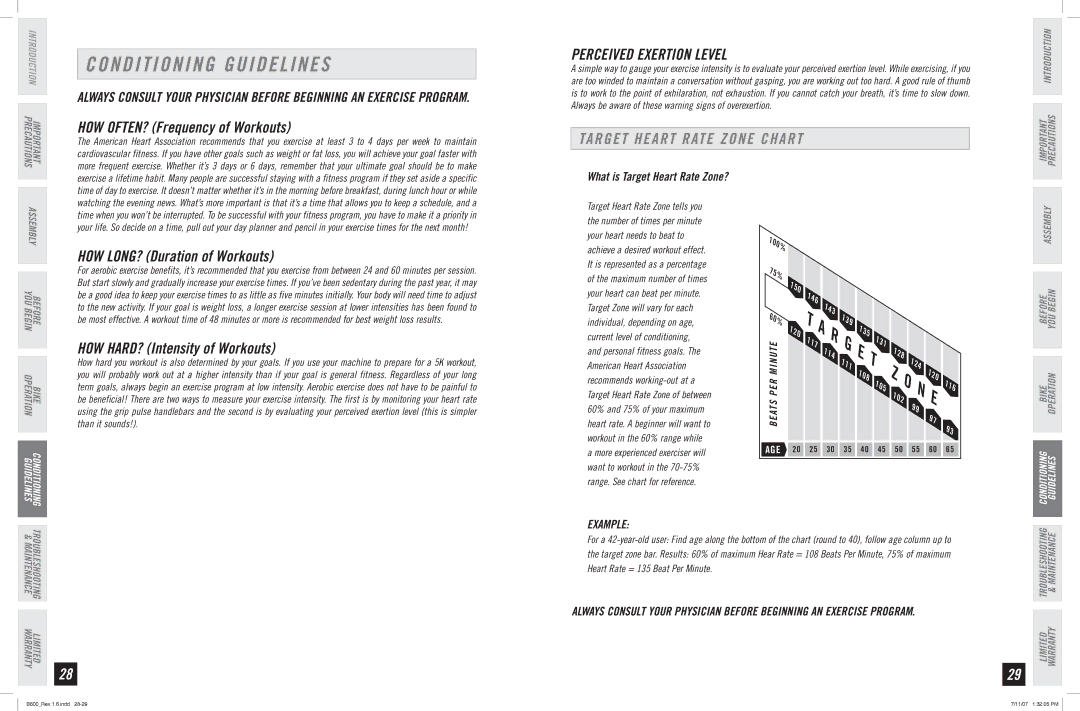 Horizon Fitness B600 manual Conditioning Guidelines, Perceived Exertion Level, Target Heart Rate Zone Chart, Example 