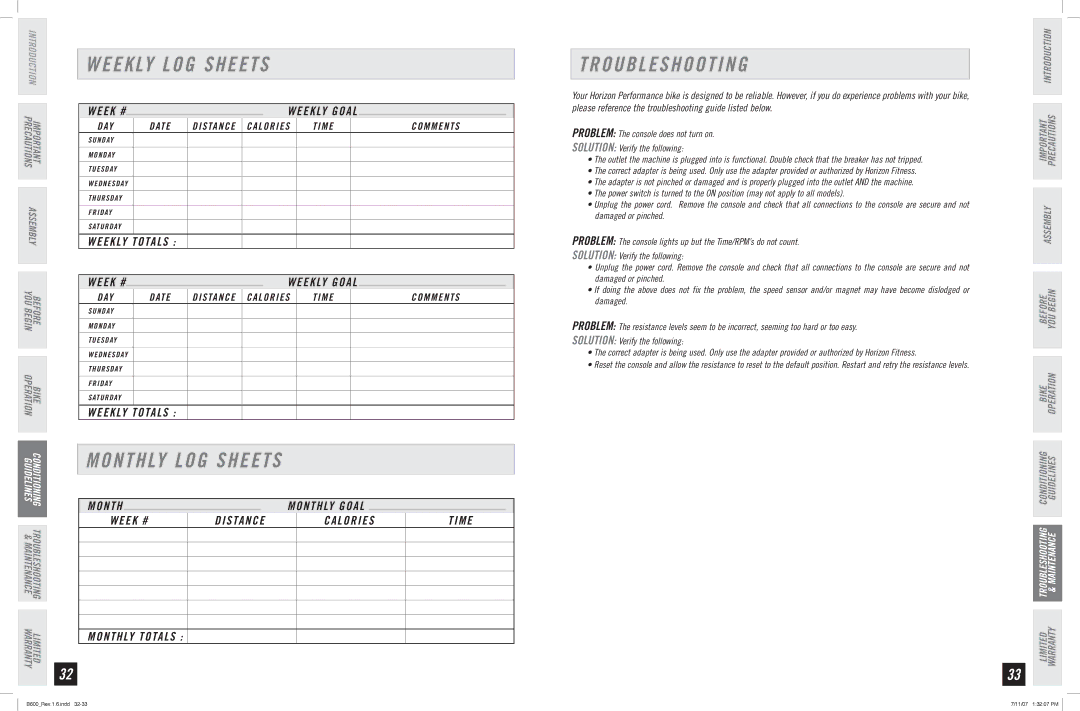 Horizon Fitness B600 manual Weekly LOG Sheets, Monthly LOG Sheets, Troubleshooting, 45/ $ $ 03*&4  505 4  