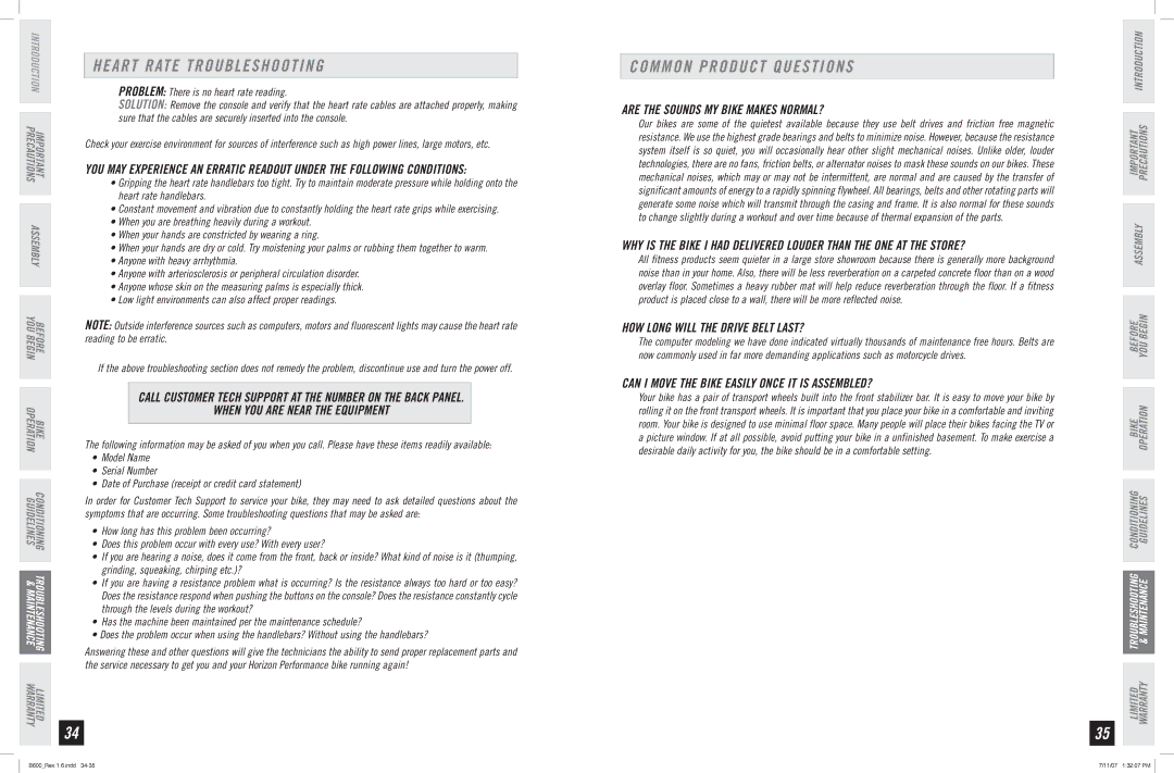 Horizon Fitness B600 manual Heart Rate Troubleshooting, Common Product Questions, Are the Sounds MY Bike Makes NORMAL? 