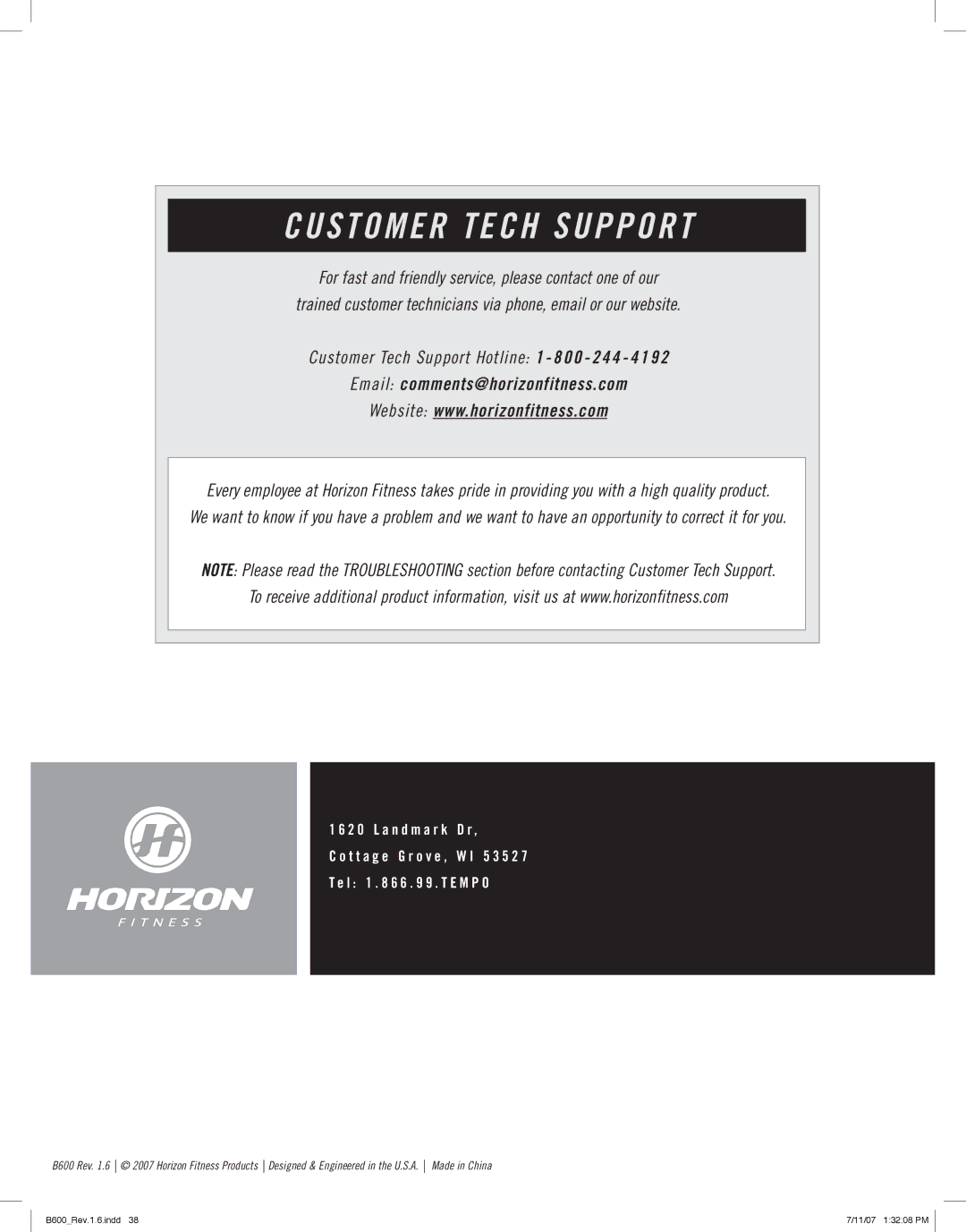 Horizon Fitness B600 manual Customer Tech Support 