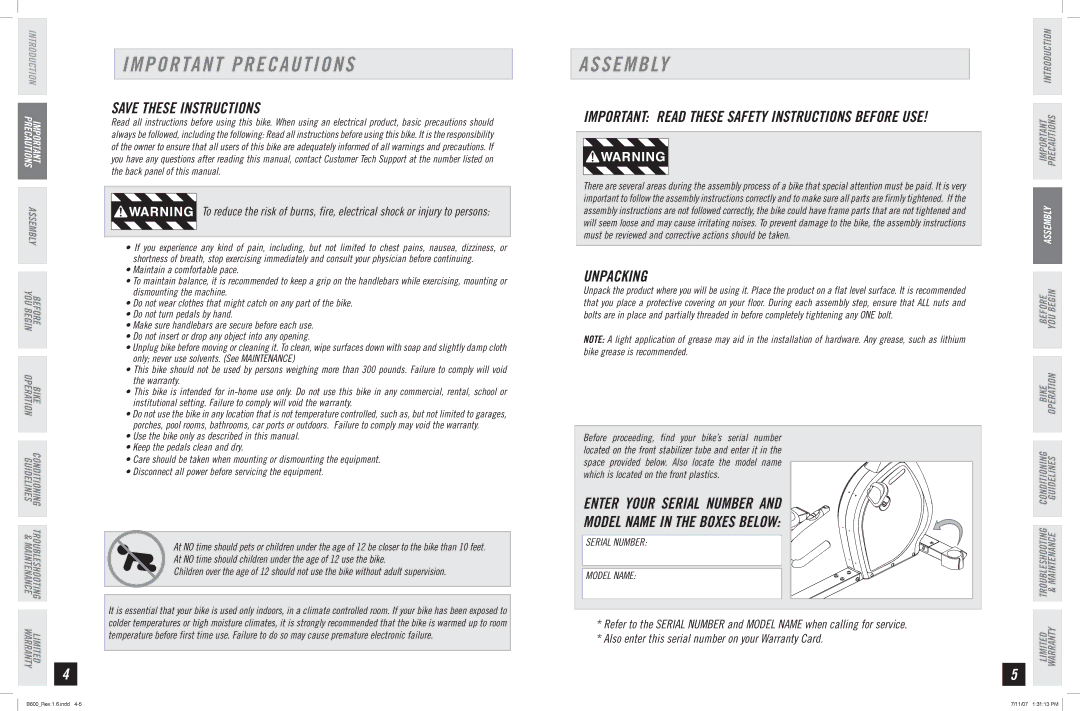 Horizon Fitness B600 manual Important Precautions, Assembly, Unpacking 