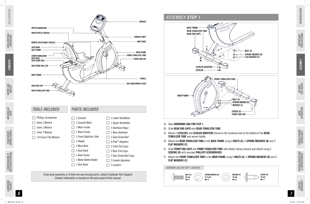 Horizon Fitness B600 manual S E M B LY Step, Tools Included, Parts Included 