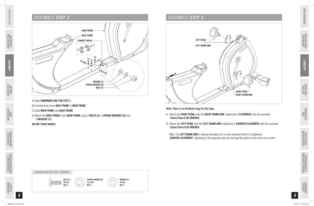 Horizon Fitness B600 manual Do not Pinch Wires 