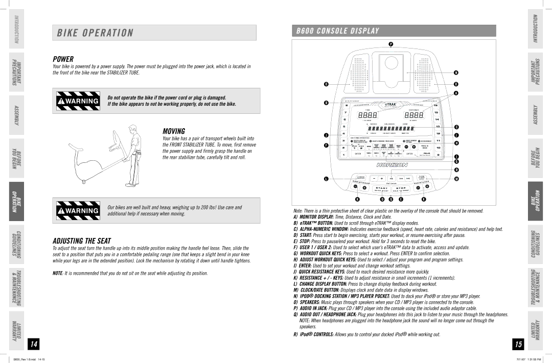 Horizon Fitness manual Bike Operation, Power, Moving, Adjusting the Seat, B600 Console Display 