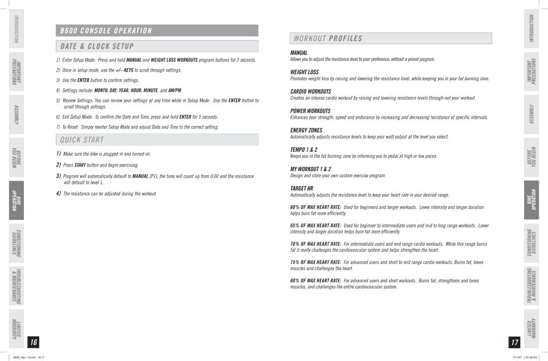 Horizon Fitness manual B600 Console Operation, Date & Clock Setup, Quick Start, Weight Loss, Power Workouts 