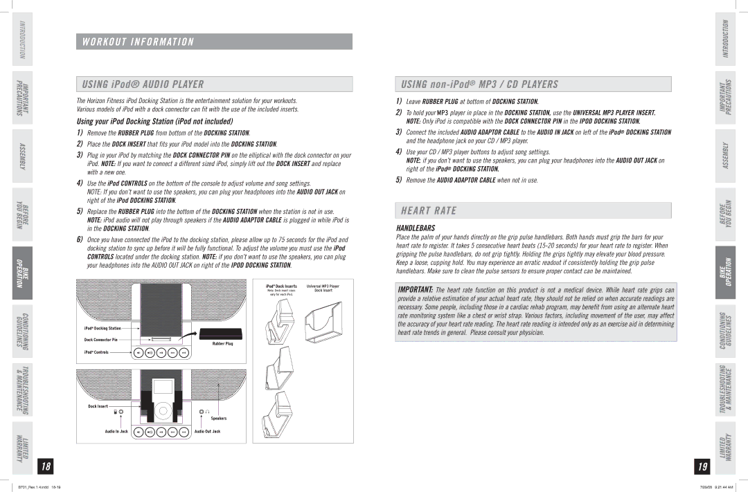 Horizon Fitness B701 manual Workout Information, Heart Rate, Using your iPod Docking Station iPod not included, Handlebars 