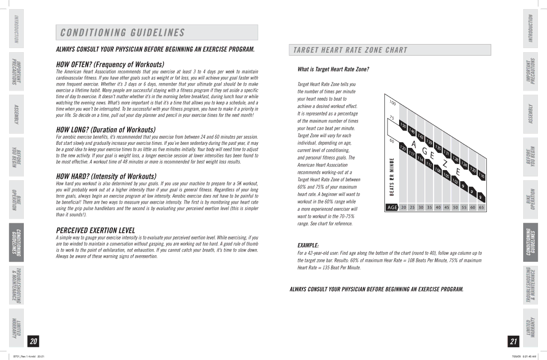 Horizon Fitness B701 manual Conditioning Guidelines, Target Heart Rate Zone Chart, Perceived Exertion Level, Example 