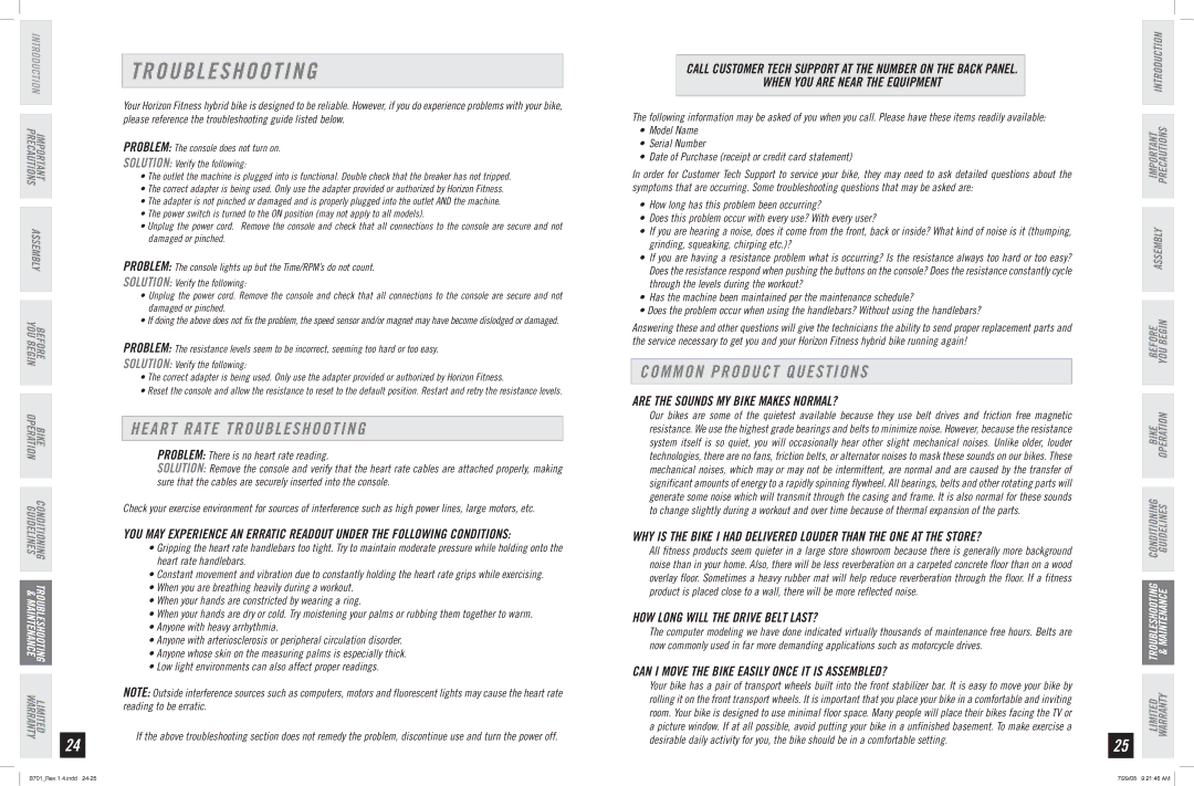 Horizon Fitness B701 manual Heart Rate Troubleshooting, Common Product Questions 