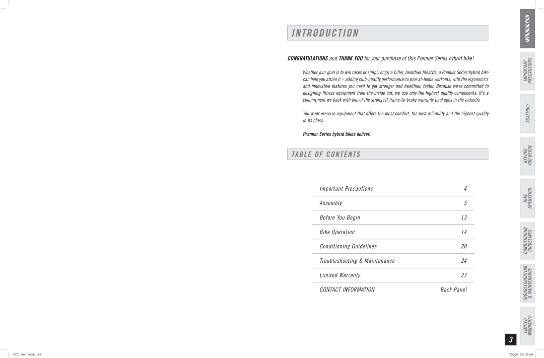 Horizon Fitness B701 manual T R O D U C T I O N, Table of Contents 