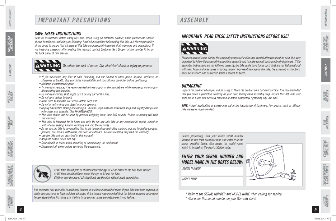 Horizon Fitness B701 manual Important Precautions, Assembly, Unpacking 