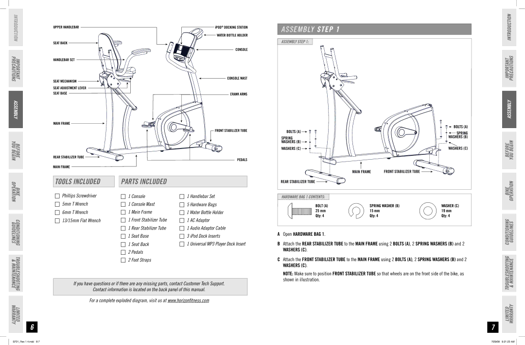 Horizon Fitness B701 manual S E M B LY Step, Tools Included, Parts Included, Pedals Foot Straps 