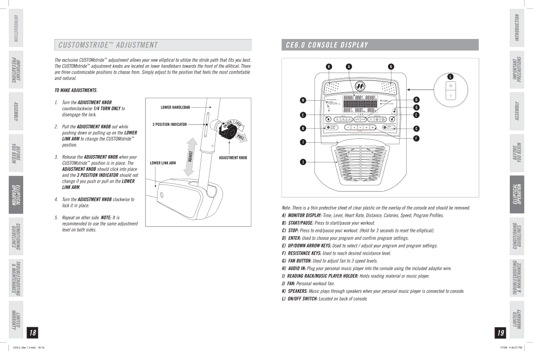 Horizon Fitness CE6.0 manual S T O M S T R I D E Adjustment, CE6 Console Display 