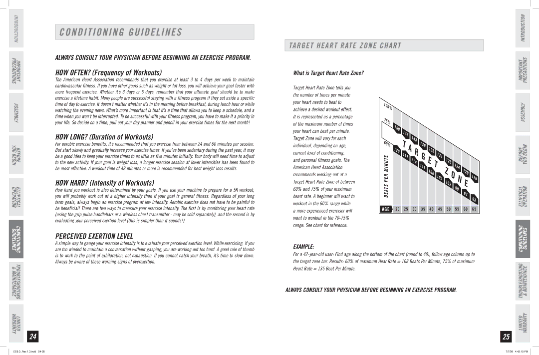 Horizon Fitness CE6.0 manual Conditioning Guidelines, Target Heart Rate Zone Chart, Perceived Exertion Level, Example 