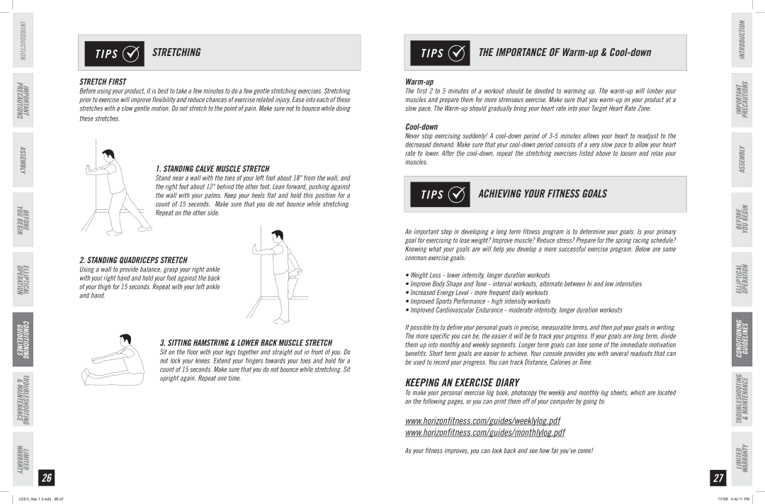 Horizon Fitness CE6.0 manual P S Stretching, Achieving Your Fitness Goals, Keeping AN Exercise Diary 