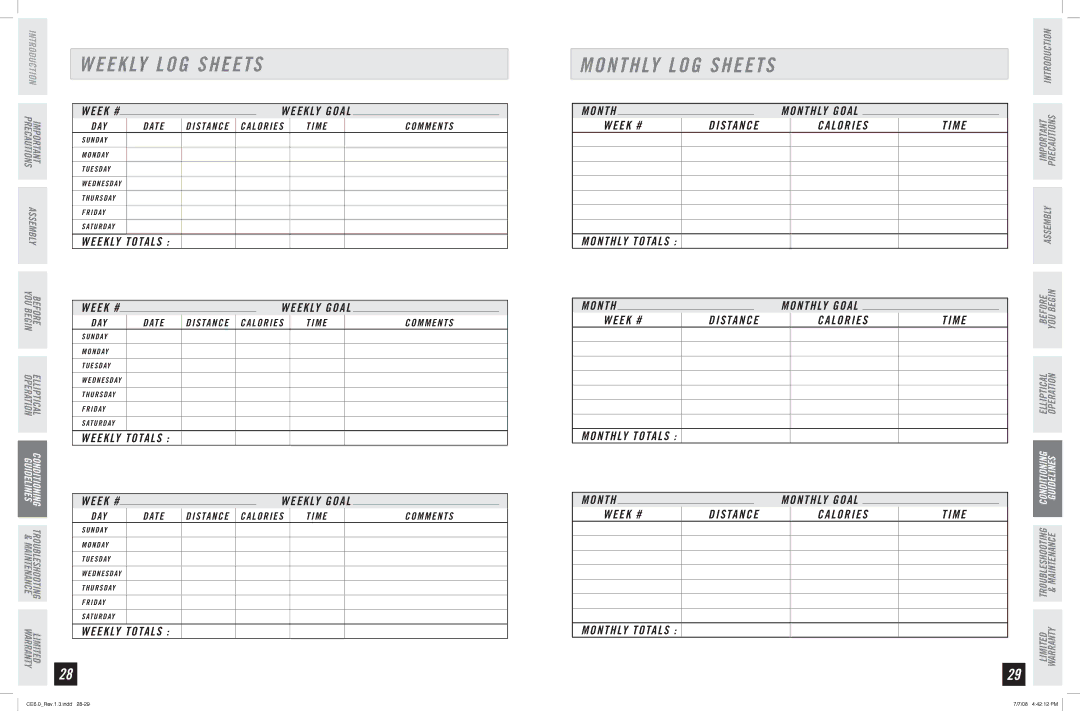 Horizon Fitness CE6.0 manual Monthly LOG Sheets, 5 / $ $ 0 3  5 0 5 4   