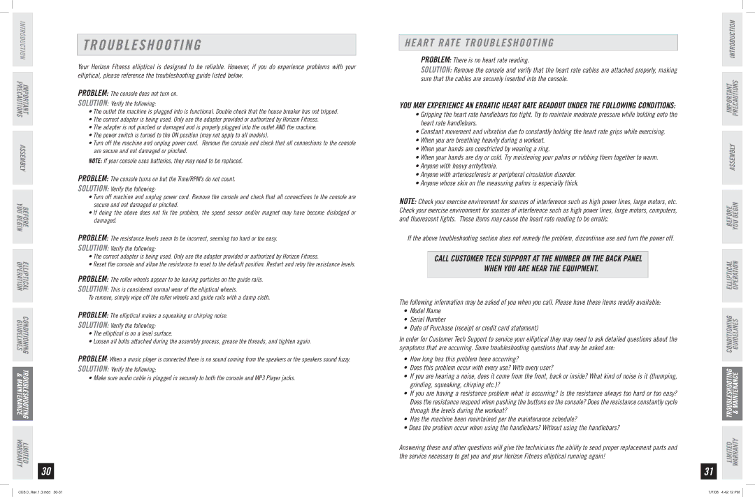 Horizon Fitness CE6.0 manual Heart Rate Troubleshooting, When YOU are Near the Equipment 