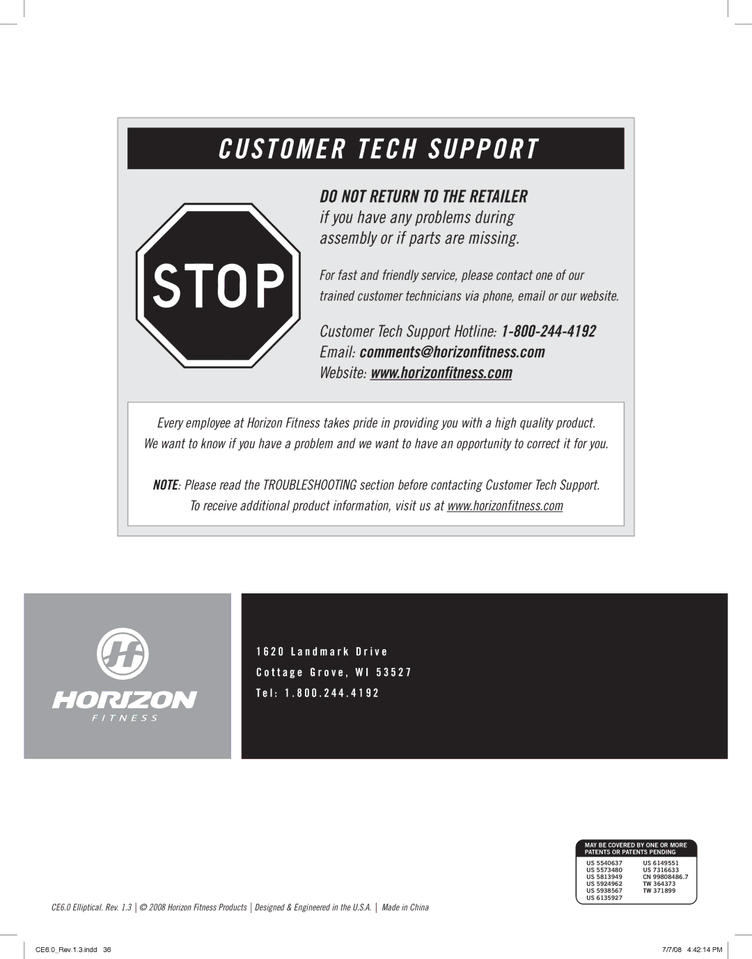 Horizon Fitness CE6.0 manual Customer Tech Support 