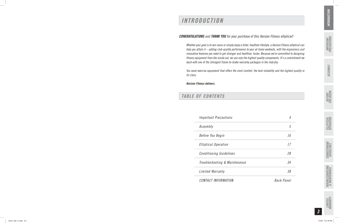 Horizon Fitness CE6.0 manual T R O D U C T I O N, Table of Contents 