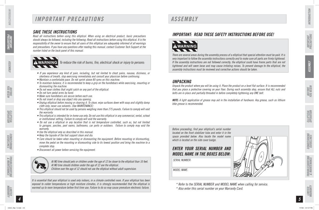 Horizon Fitness CE6.0 manual Important Precautions, S E M B Ly, Unpacking 