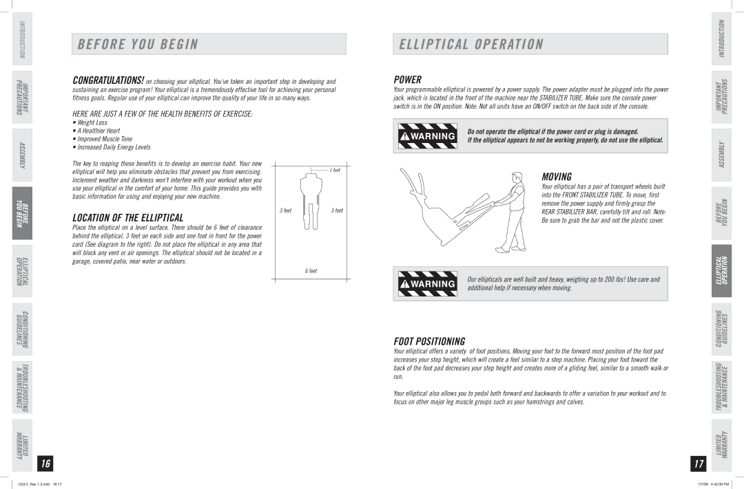 Horizon Fitness CE6.0 manual Before YOU Begin, Elliptical Operation 