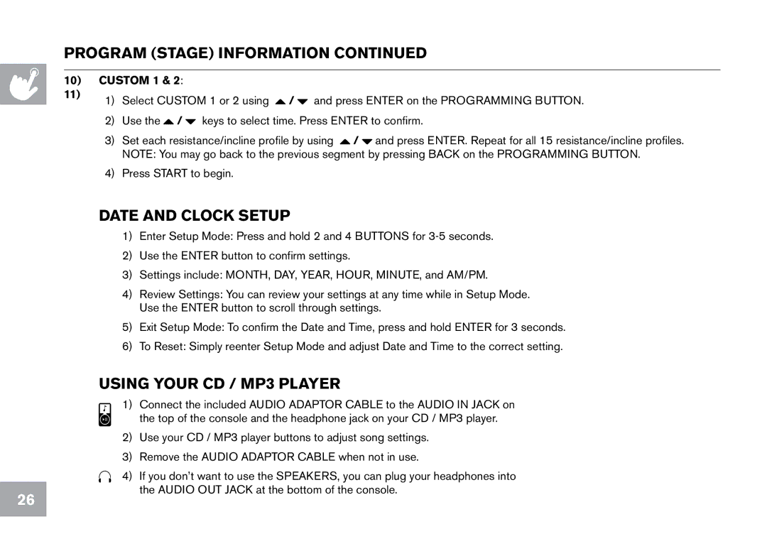 Horizon Fitness CE9.2 owner manual Date and clock setup, Custom 1 