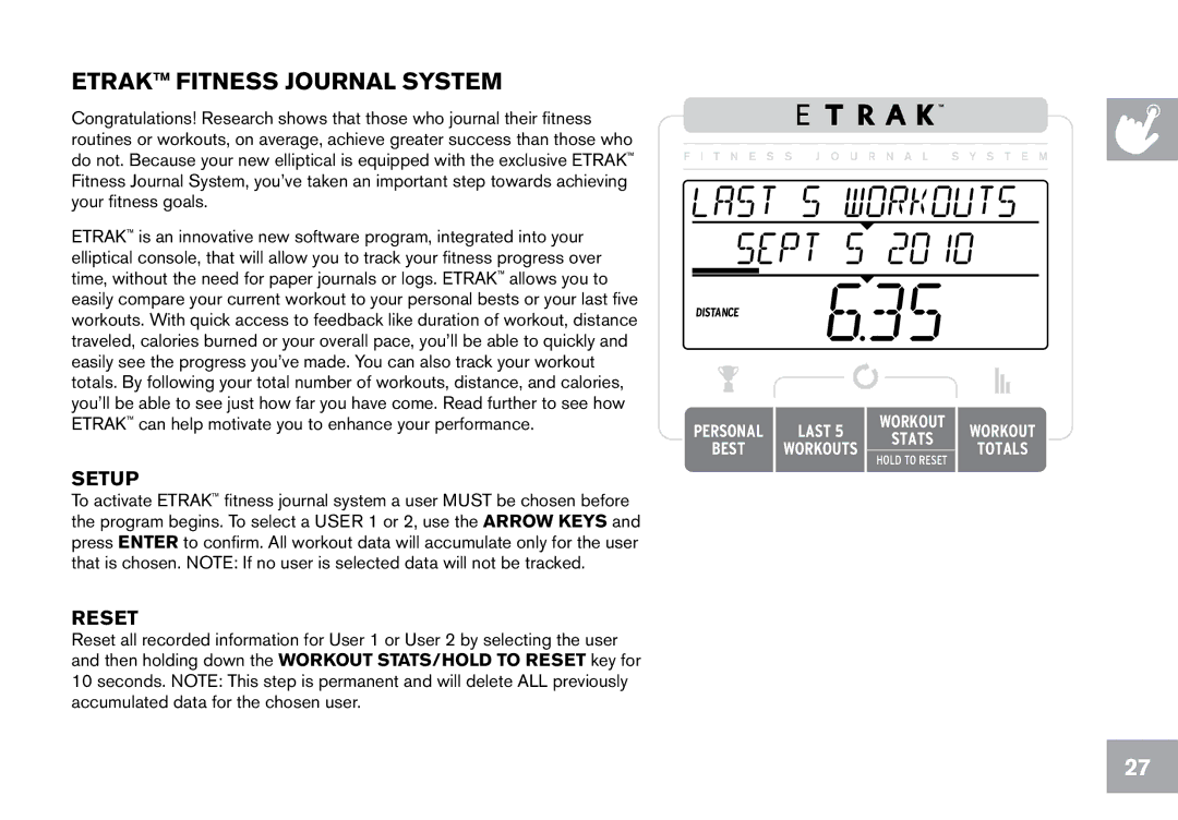 Horizon Fitness CE9.2 owner manual Etrak Fitness Journal System 