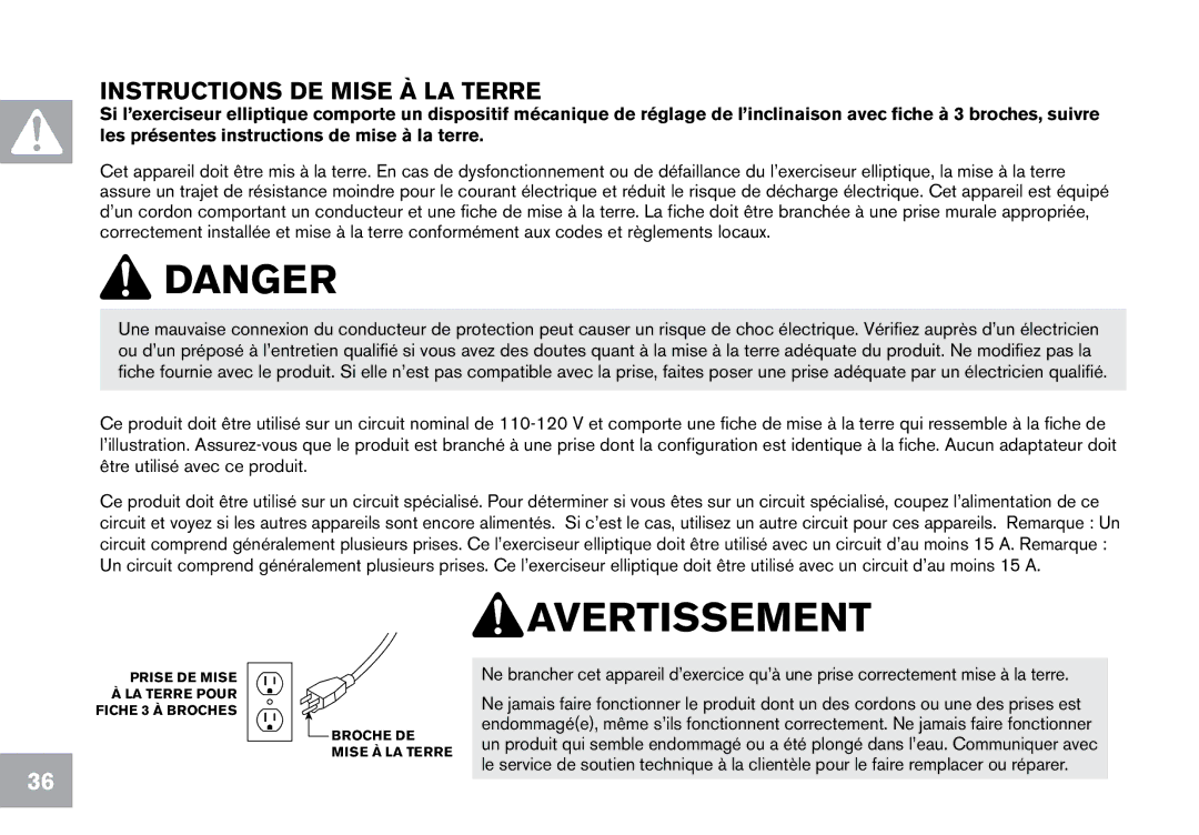 Horizon Fitness CE9.2 owner manual Avertissement, Instructions DE Mise À LA Terre 