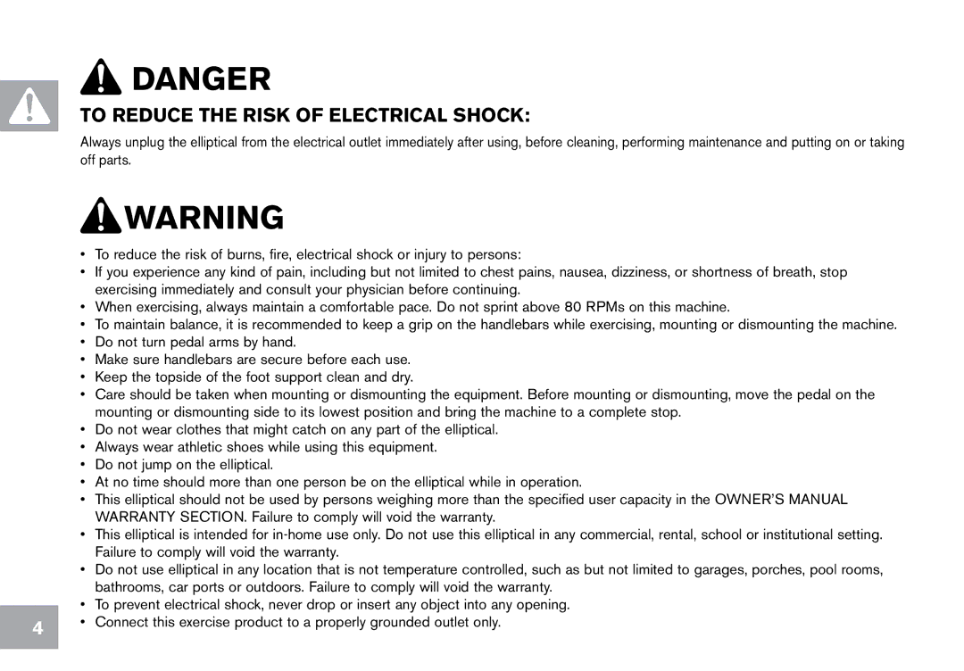 Horizon Fitness CE9.2 owner manual To reduce the risk of electrical shock 