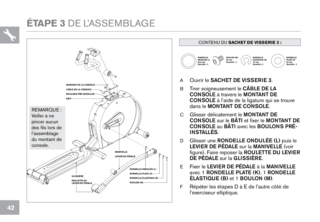 Horizon Fitness CE9.2 owner manual Remarque, ’assemblage, Du montant de, Console 