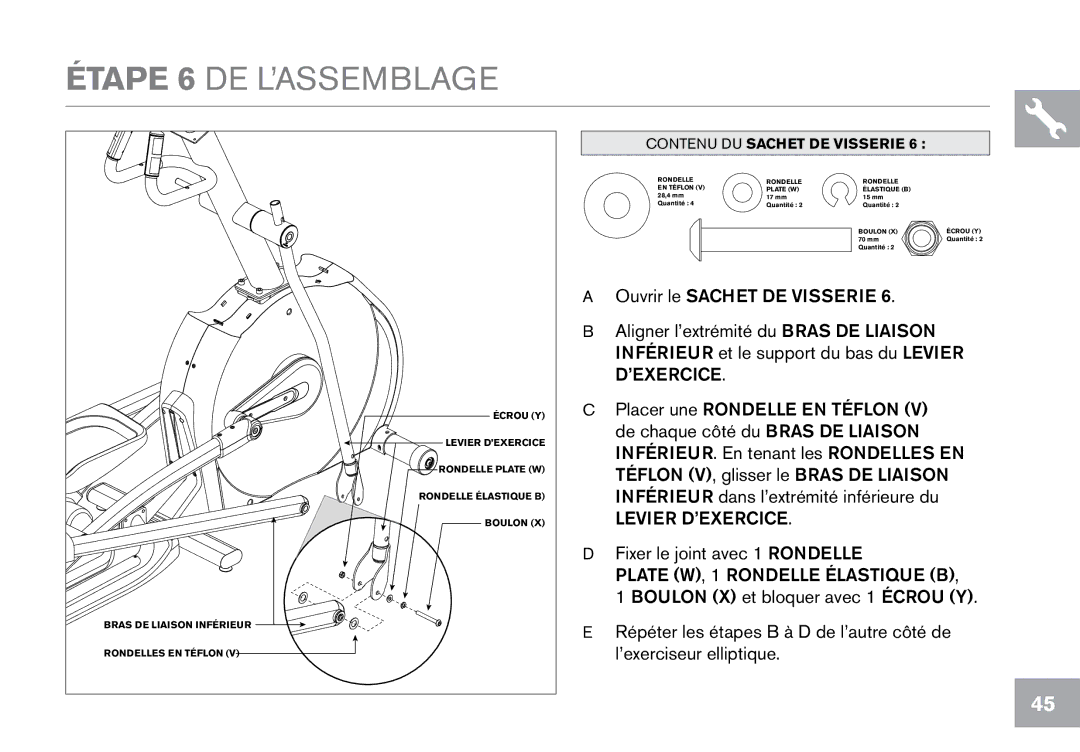 Horizon Fitness CE9.2 owner manual Étape 6 DE L’ASSEMBLAGE 