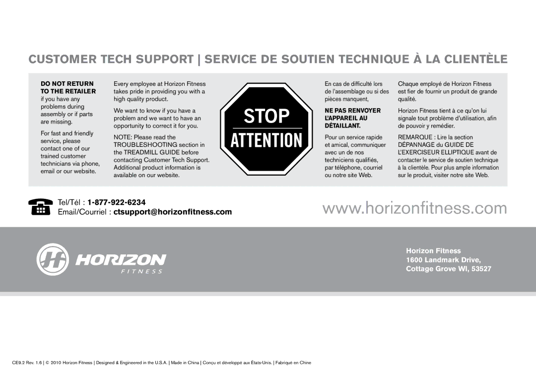 Horizon Fitness CE9.2 owner manual Stop, Email/Courriel ctsupport@horizonfitness.com Tel/Tél 