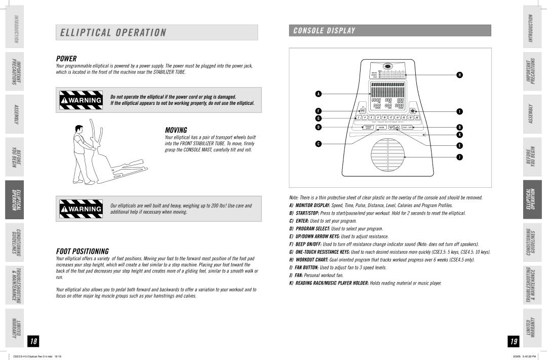 Horizon Fitness CSE 3.5 manual Elliptical Operation, Power, Moving, Foot Positioning, Console Display 