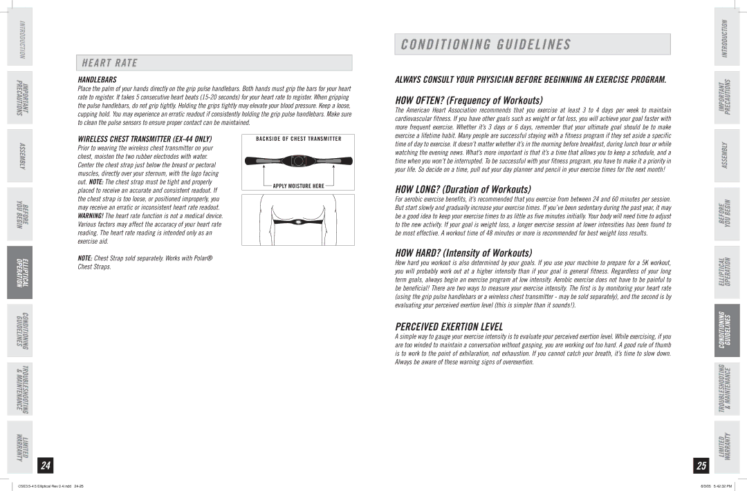 Horizon Fitness CSE 3.5 manual Conditioning Guidelines, Heart Rate, Perceived Exertion Level, Handlebars 