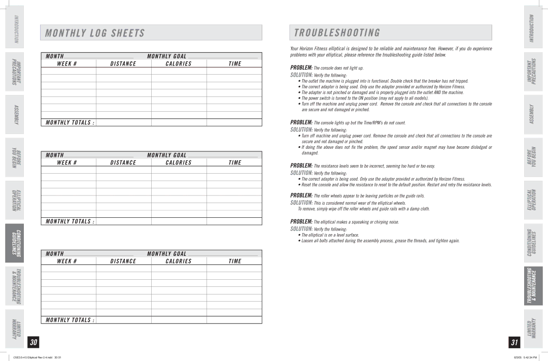 Horizon Fitness CSE 3.5 manual Monthly LOG Sheets Troubleshooting 