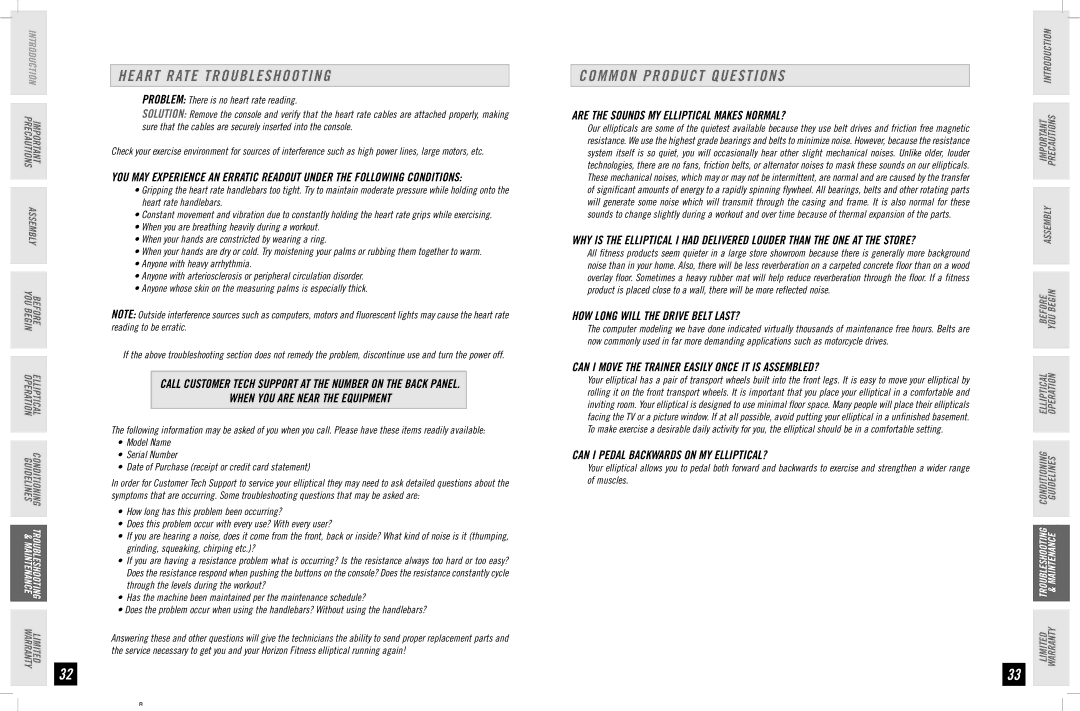 Horizon Fitness CSE 3.5 manual Heart Rate Troubleshooting, Common Product Questions 