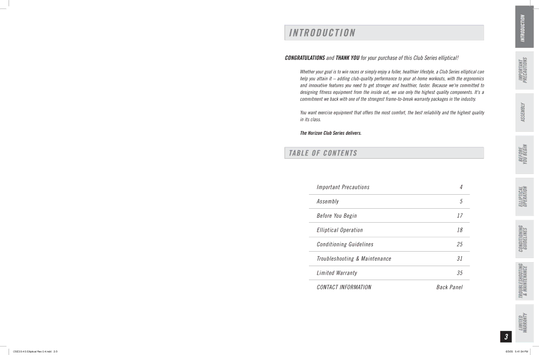 Horizon Fitness CSE 3.5 manual T R O D U C T I O N, Table of Contents 