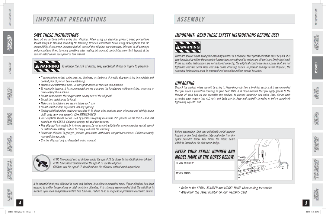 Horizon Fitness CSE 3.5 Important Precautions, Assembly, Unpacking, Enter Your Serial Number Model Name in the Boxes below 