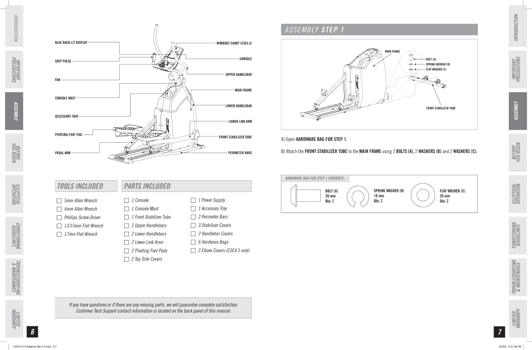 Horizon Fitness CSE 3.5 manual S E M B LY Step, Open Hardware BAG for Step 