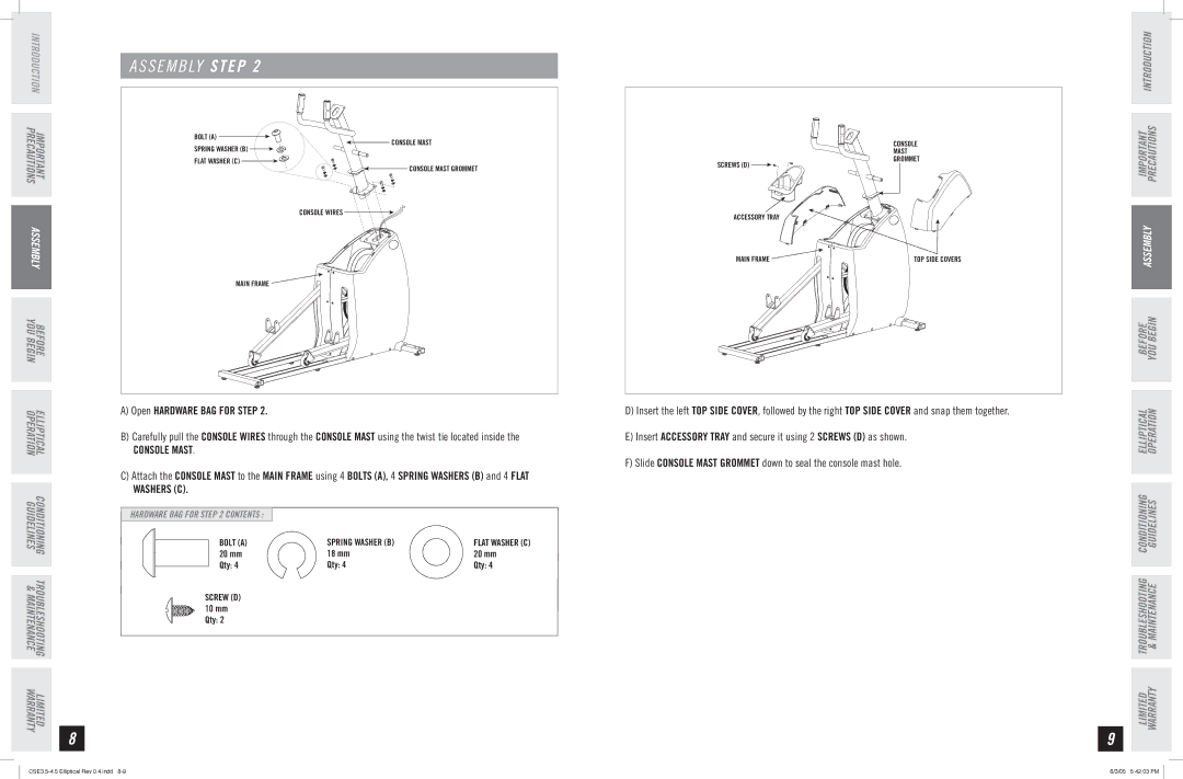 Horizon Fitness CSE 3.5 manual Console Mast 