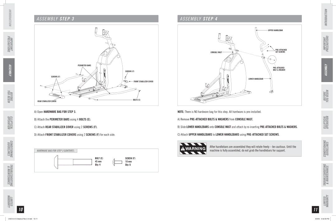 Horizon Fitness CSE 3.5 manual Remove PRE-ATTACHED Bolts & Washers from Console Mast 