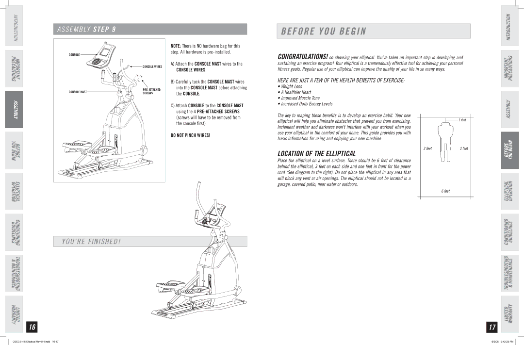 Horizon Fitness CSE 3.5 manual Before YOU Begin, Assembly Step, Location of the Elliptical, YOU’RE Finished 