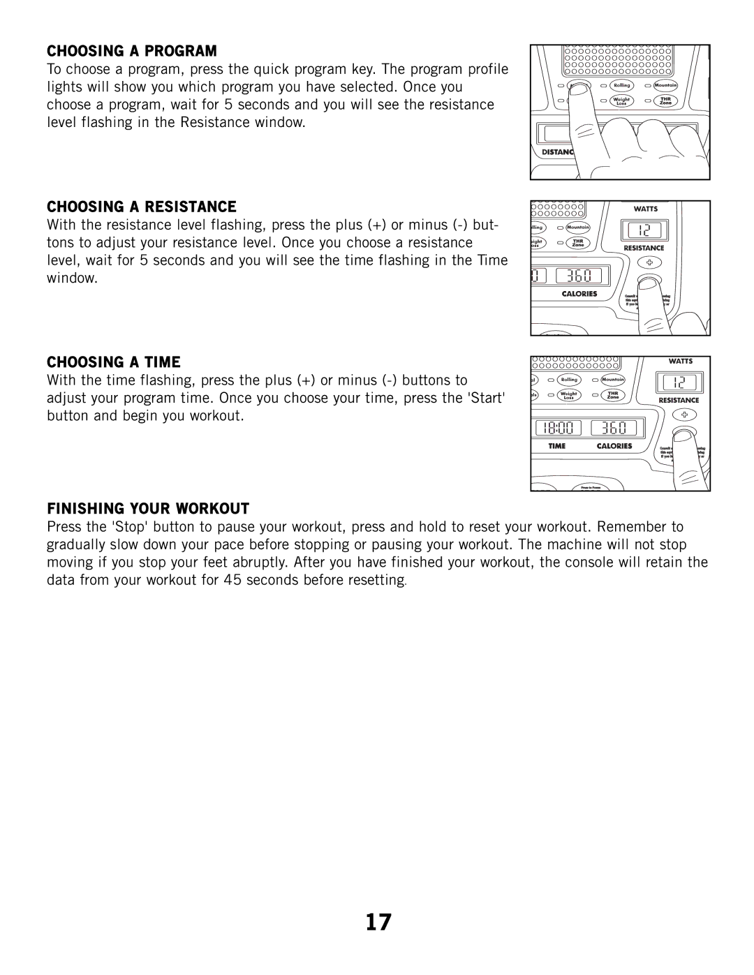 Horizon Fitness CSE3HR, CSE2 manual Choosing a Program, Choosing a Resistance, Choosing a Time 