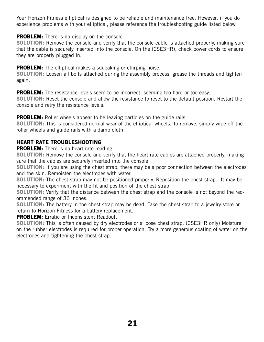 Horizon Fitness CSE3HR, CSE2 manual Heart Rate Troubleshooting 