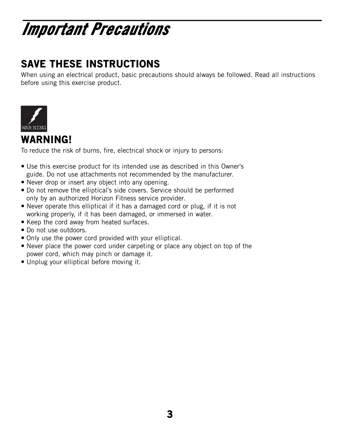 Horizon Fitness CSE3HR, CSE2 manual Important Precautions 