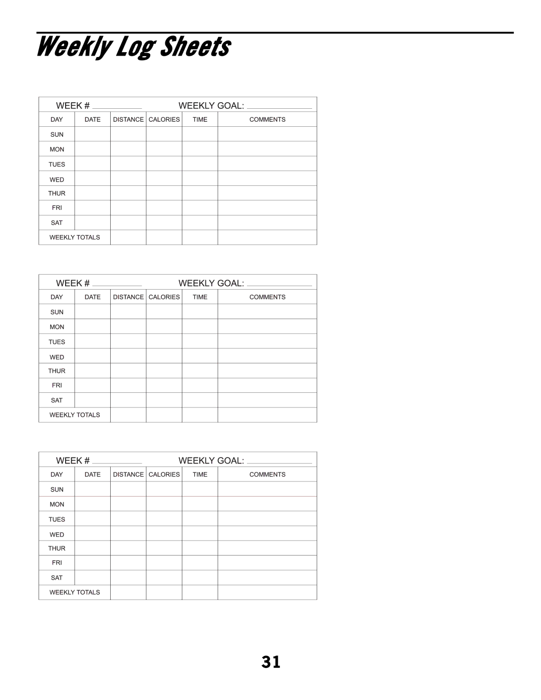 Horizon Fitness CSE3HR, CSE2 manual Weekly Log Sheets 