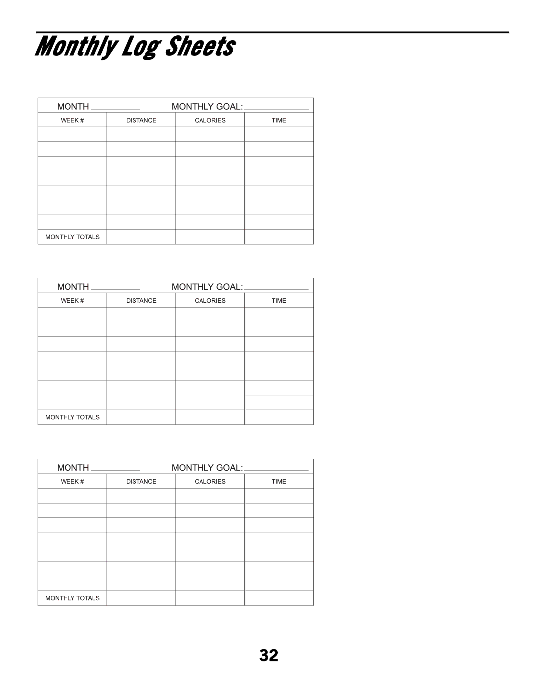 Horizon Fitness CSE2, CSE3HR manual Monthly Log Sheets 