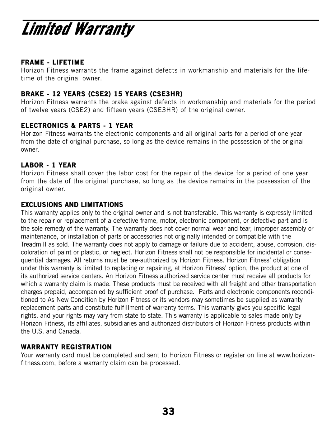 Horizon Fitness CSE3HR, CSE2 manual Limited Warranty 